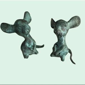 Rustic Bronze Verdigris Mouse Figurines Pair Mini Metal Patina Garden Decor